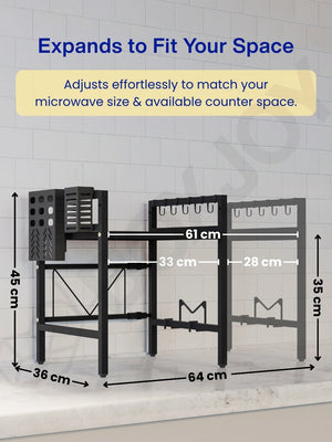 Dimensions of the expanding microwave shelfs adjusting from 33 cm to 61 cm to fit available counter space.