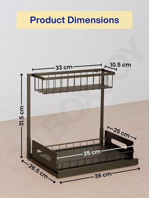 Dimensions of the under-sink organizer with shelfs showing a height of 31.5 cm and depth of 36 cm