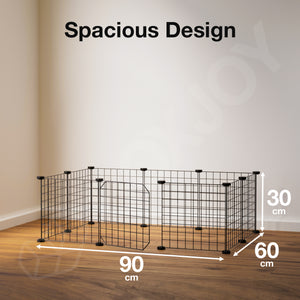 Black wire pet pen with dimensions on a wooden floor and plain wall background