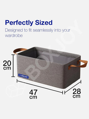 Dimensions of the grey BOXJOY storage box showing a 47 cm length, 28 cm width, and 20 cm height.