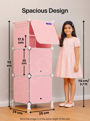 Spacious design of the BOXJOY Plastic 6 Shelf Pink Kids Wardrobe next to a 112 cm tall girl.
