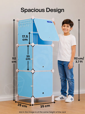Spacious design of the BOXJOY Plastic 6 Shelf Blue Kids Wardrobe next to a 112 cm tall boy.