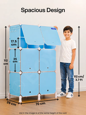 Flexible layout of the BOXJOY Plastic 12 Shelf Blue Kids Wardrobe showing space for clothes and toys.