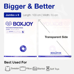 Dimensions of Jumbo BOXJOY vacuum bags showing 100 by 80 cm size, ideal for pillows and blankets.