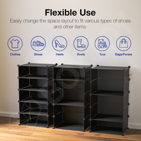 BOXJOY Plastic 5 Shelf Black Translucent Shoe Rack