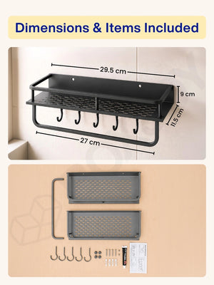 Four-step easy glue installation guide showing how to securely mount the grey bathroom shelfs without drilling.