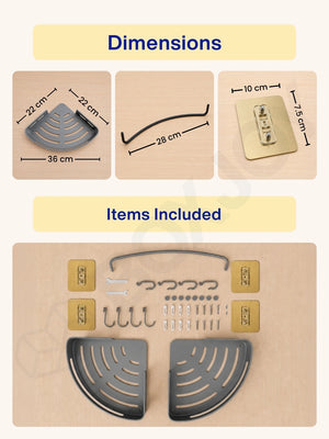 Dimensions of the corner shelfs showing a 36 cm width, alongside included mounting hardware and adhesive pads.