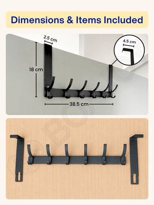 Dimensions of the over-the-door hook hanger showing 38.5 cm width and 18 cm height, alongside unboxed parts.
