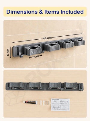 Dimensions of the wall-mounted organizer showing 49 cm width and 5 cm height, plus included mounting hardware.
