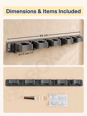 Dimensions of the wall-mounted organizer showing 59 cm width and 5 cm height, plus included mounting hardware.