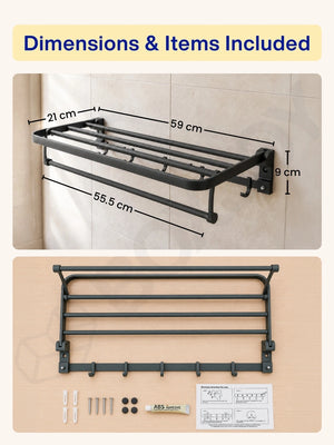 Dimensions of the bathroom shelfs showing 59 cm width, 9 cm height, and included mounting hardware.