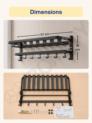 Dimensions of the bathroom shelfs showing 57 cm width, 18 cm height, and included mounting hardware.