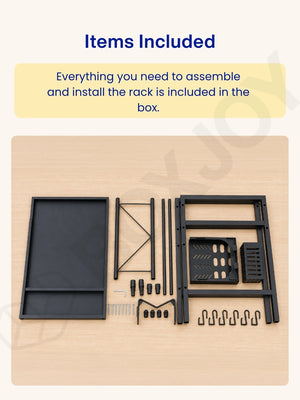 Unboxed items included for assembling the black metal microwave shelfs, featuring screws and a hex key.