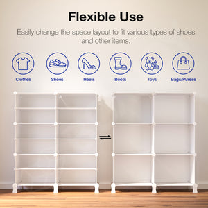 BOXJOY Plastic 12 Shelf White Shoe Rack with Translucent Doors