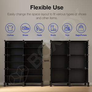 BOXJOY Plastic 12 Shelf Black Cloth Rack with Translucent Doors
