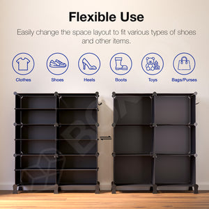 BOXJOY Plastic 12 Shelf Black Shoe Rack with Translucent Doors