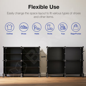 BOXJOY Plastic 8 Shelf Black Shoe Rack with Translucent Doors