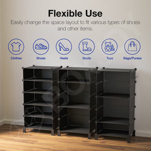 BOXJOY Plastic 5 Shelf Black Shoe Rack with Translucent Door