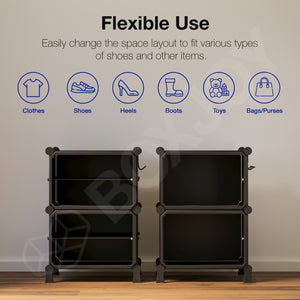 BOXJOY Hard Plastic 4 Shelf Black Shoe Rack with Transparent Door