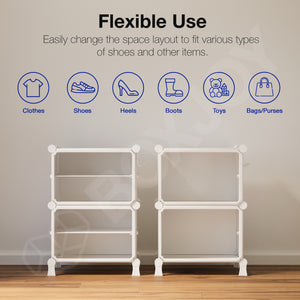 BOXJOY Hard Plastic 4 Shelf White Shoe Rack with Brown Door