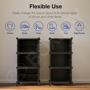 BOXJOY Hard Plastic 6 Shelf Black Shoe Rack with Transparent Door