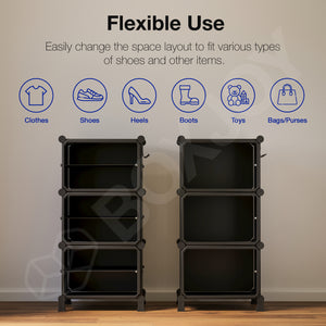 BOXJOY Hard Plastic 6 Shelf Black Shoe Rack with Brown Door
