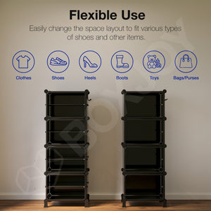 BOXJOY Hard Plastic 8 Shelf Vertical Black Shoe Rack with Transparent Door