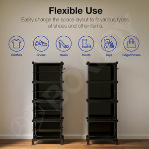 BOXJOY Hard Plastic 8 Shelf Vertical Black Shoe Rack with Brown Door