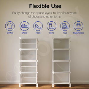 BOXJOY Hard Plastic 8 Shelf Vertical White Shoe Rack with Transparent Door