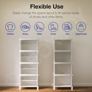 BOXJOY Hard Plastic 8 Shelf Vertical White Shoe Rack with Brown Door