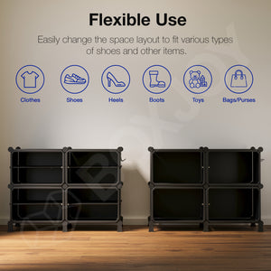 BOXJOY Hard Plastic 8 Shelf Black Shoe Rack with Transparent Door