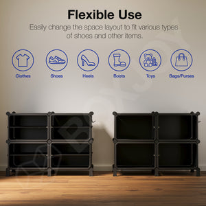 BOXJOY Hard Plastic 8 Shelf Black Shoe Rack with Brown Door