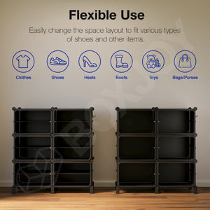 BOXJOY Hard Plastic 12 Shelf Black Shoe Rack with Transparent Door