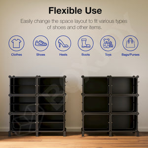 BOXJOY Hard Plastic 12 Shelf Black Shoe Rack with Brown Door