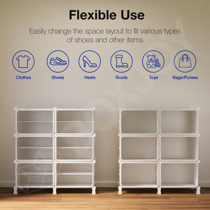 BOXJOY Hard Plastic 12 Shelf White Shoe Rack with Brown Door