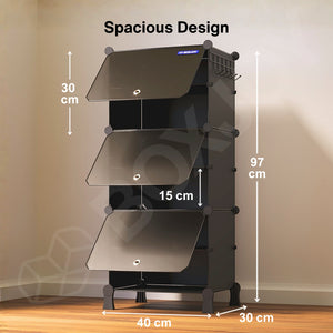 BOXJOY Plastic 6 Shelf Black Shoe Rack with Translucent Doors