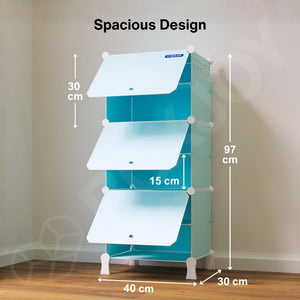 Spacious dimensions of the 6 light blue and white modular shelfs, showing a 97 cm height, 40 cm width, and 30 cm depth.