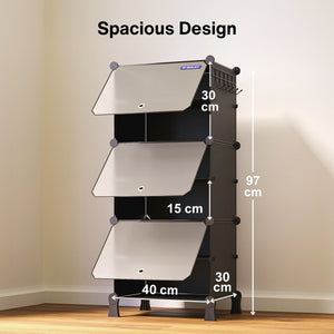 Spacious dimensions of the 6 black modular shelfs with smoky doors, showing a 97 cm height, 40 cm width, and 30 cm depth.