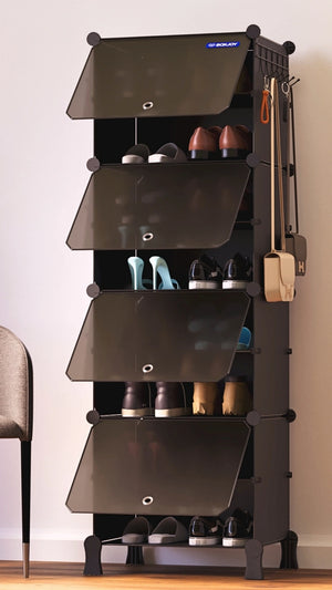 Black BOXJOY modular shoe wardrobe with 8 shelfs and open smoky transparent doors, neatly organizing and displaying various pairs of shoes.