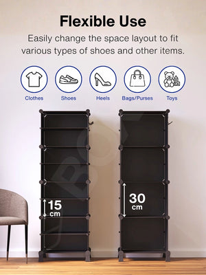 Flexible layout of the 8 black modular shelfs with 15 cm and 30 cm inner spacing options.