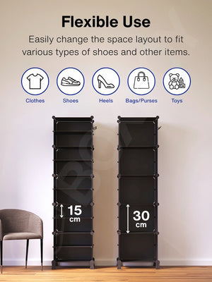 Flexible layout of the 10 black modular shelfs with 15 cm and 30 cm inner spacing options.
