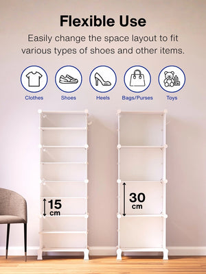 Flexible layout of the 8 white modular shelfs with 15 cm and 30 cm inner spacing options.