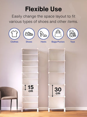 Flexible layout of the 10 white modular shelfs with 15 cm and 30 cm inner spacing options.