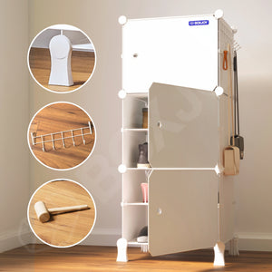 Features of the 6 white shelfs highlighting sturdy connectors, metal side hooks, and a mallet.