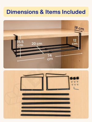 Dimensions of the hanging shelfs showing 74 cm max width and 15.5 cm height, alongside unboxed parts.