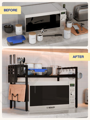 Before and after comparison of a cluttered kitchen counter organized using the BOXJOY microwave shelfs.