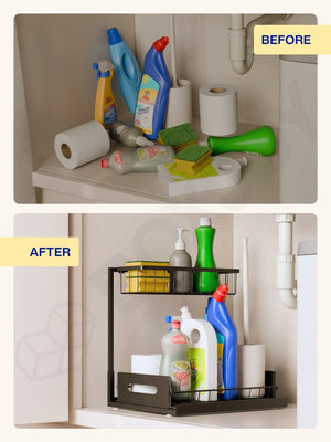 Before and after comparison of a cluttered under-sink cabinet transformed by the organizer with shelfs.