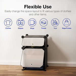 BOXJOY Plastic 2 Shelf Black Storage Rack with Translucent Doors