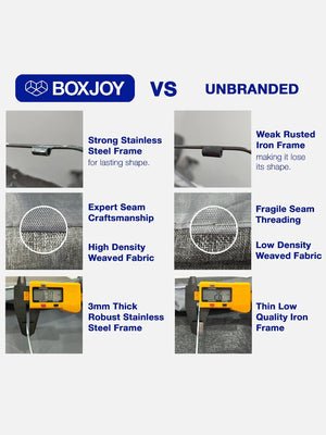 Comparison showing BOXJOY's strong stainless steel frame and expert seam against unbranded boxes.