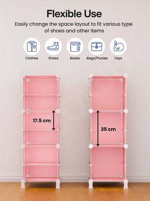 Flexible layout of the BOXJOY Plastic 6 Shelf Pink Kids Wardrobe showing space for clothes and books.